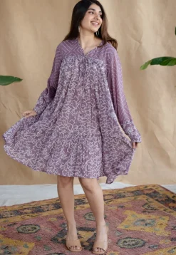 Aanvi Lavender Batik MulMul Cotton Loose Dress with Slip