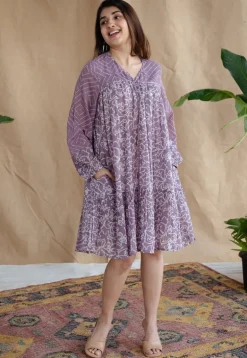 Aanvi Lavender Batik MulMul Cotton Loose Dress with Slip