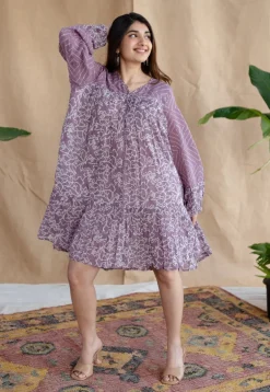 Aanvi Lavender Batik MulMul Cotton Loose Dress with Slip