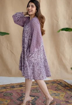 Aanvi Lavender Batik MulMul Cotton Loose Dress with Slip