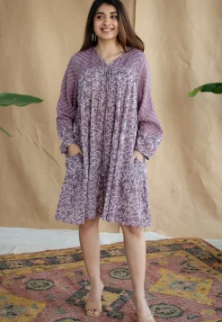 Aanvi Lavender Batik MulMul Cotton Loose Dress with Slip