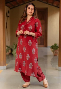 Aarohi Madder Ajrakh Chanderi Silk Straight Kurta with Hand Embroidery
