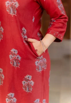 Aarohi Madder Ajrakh Chanderi Silk Straight Kurta with Hand Embroidery