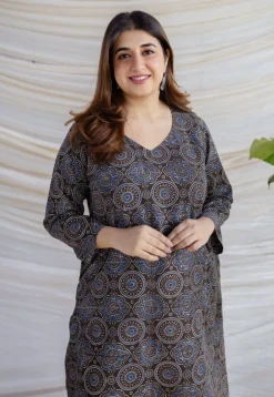 Aarushi Dark Brown Ajrakh Cotton Straight Kurta