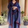 Adara Dark Indigo Ajrakh Chanderi Silk Kali Kurta with Hand Embroidery
