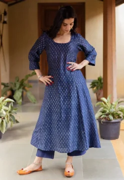 Adara Dark Indigo Ajrakh Chanderi Silk Kali Kurta with Hand Embroidery