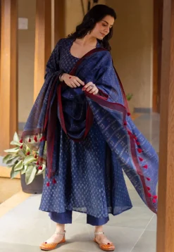 Adara Dark Indigo Ajrakh Chanderi Silk Kali Kurta with Hand Embroidery