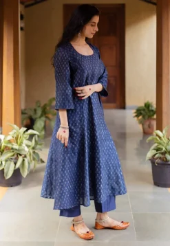 Adara Dark Indigo Ajrakh Chanderi Silk Kali Kurta with Hand Embroidery