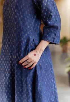 Adara Dark Indigo Ajrakh Chanderi Silk Kali Kurta with Hand Embroidery