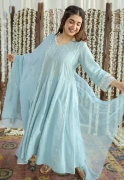 Advika Mulmul Cotton Powder Blue Kali Kurta Set (Set of 3)