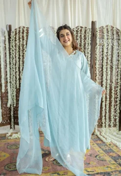 Advika Mulmul Cotton Powder Blue Kali Kurta Set (Set of 3)