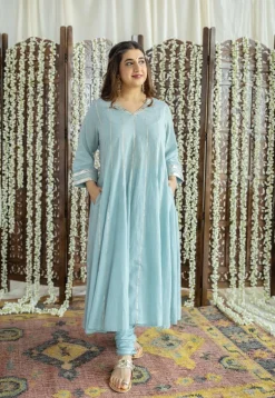 Advika Mulmul Cotton Powder Blue Kali Kurta Set (Set of 3)