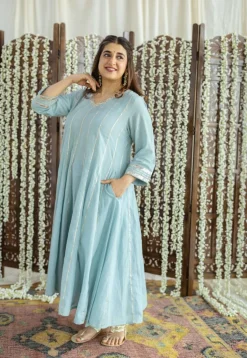 Advika Mulmul Cotton Powder Blue Kali Kurta Set (Set of 3)