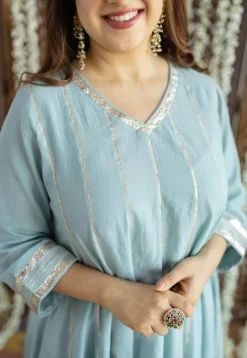 Advika Mulmul Cotton Powder Blue Kali Kurta Set (Set of 3)