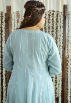 Advika Mulmul Cotton Powder Blue Kali Kurta Set (Set of 3)