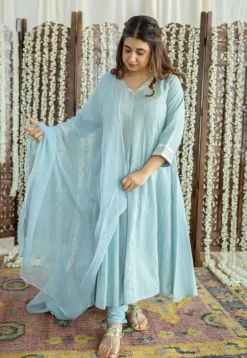 Advika Mulmul Cotton Powder Blue Kali Kurta Set (Set of 3)