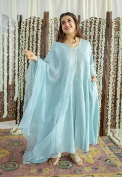 Advika Mulmul Cotton Powder Blue Kali Kurta Set (Set of 3)