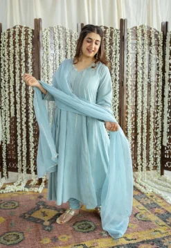 Advika Mulmul Cotton Powder Blue Kali Kurta Set (Set of 3)