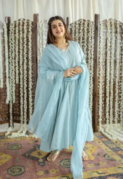 Advika Mulmul Cotton Powder Blue Kali Kurta Set (Set of 3)