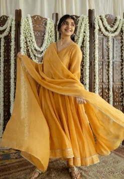 Advika Mustard Kali Chanderi Silk Gota Patti Kurta Set (Set of 3)