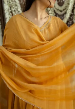 Advika Mustard Kali Chanderi Silk Gota Patti Kurta Set (Set of 3)