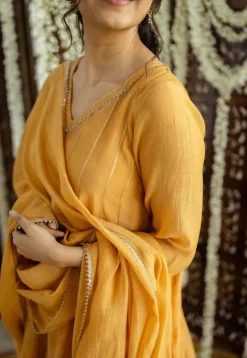 Advika Mustard Kali Chanderi Silk Gota Patti Kurta Set (Set of 3)