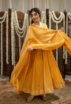 Advika Mustard Kali Chanderi Silk Gota Patti Kurta Set (Set of 3)