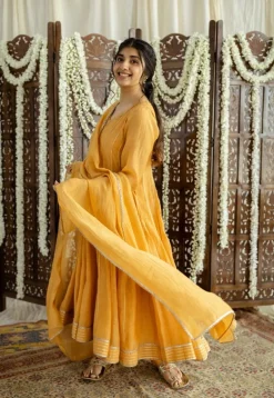 Advika Mustard Kali Chanderi Silk Gota Patti Kurta Set (Set of 3)