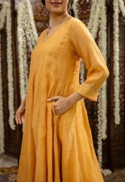 Advika Mustard Kali Chanderi Silk Gota Patti Kurta Set (Set of 3)