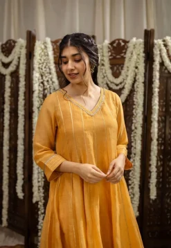 Advika Mustard Kali Chanderi Silk Gota Patti Kurta Set (Set of 3)