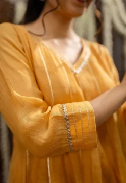 Advika Mustard Kali Chanderi Silk Gota Patti Kurta Set (Set of 3)