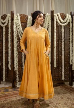 Advika Mustard Kali Chanderi Silk Gota Patti Kurta Set (Set of 3)