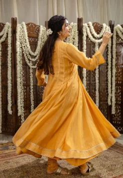 Advika Mustard Kali Chanderi Silk Gota Patti Kurta Set (Set of 3)