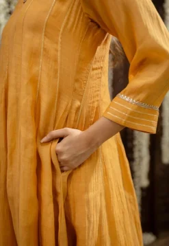 Advika Mustard Kali Chanderi Silk Gota Patti Kurta Set (Set of 3)