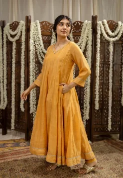 Advika Mustard Kali Chanderi Silk Gota Patti Kurta Set (Set of 3)