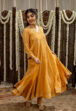 Advika Mustard Kali Chanderi Silk Gota Patti Kurta Set (Set of 3)