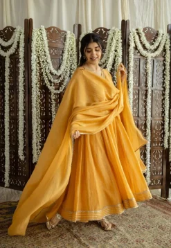 Advika Mustard Kali Chanderi Silk Gota Patti Kurta Set (Set of 3)