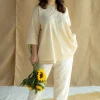 Afifa Cream Solid Slub Cotton A Line Short Top