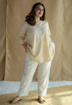 Afifa Cream Solid Slub Cotton A Line Short Top
