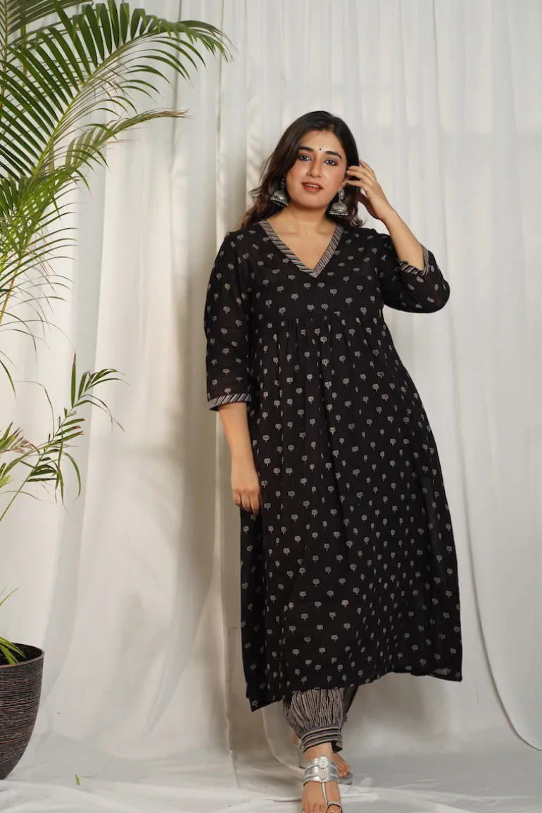 Ajrakh Lotus Pleated Mul Kurta