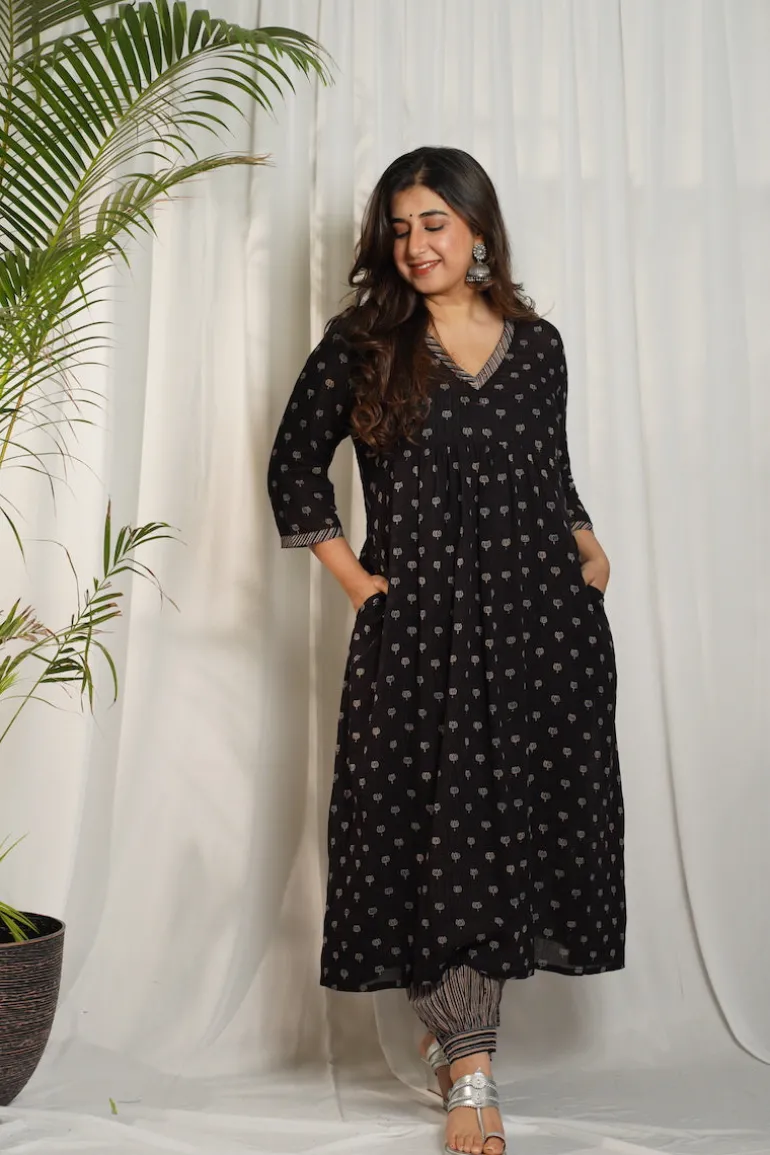 Ajrakh Lotus Pleated Mul Kurta