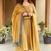 Akrita Mustard Ajrakh Chanderi Silk Kali Kurta with Hand Embroidery