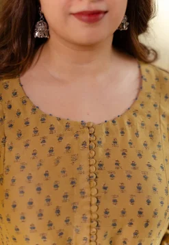 Akrita Mustard Ajrakh Chanderi Silk Kali Kurta with Hand Embroidery