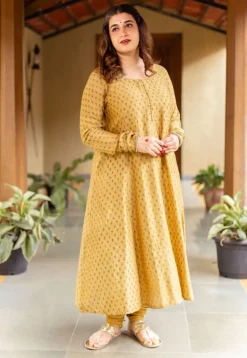 Akrita Mustard Ajrakh Chanderi Silk Kali Kurta with Hand Embroidery