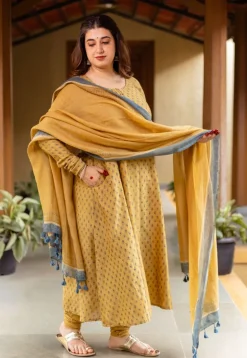 Akrita Mustard Ajrakh Chanderi Silk Kali Kurta with Hand Embroidery