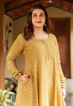 Akrita Mustard Ajrakh Chanderi Silk Kali Kurta with Hand Embroidery