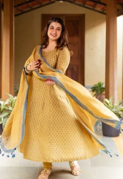 Akrita Mustard Ajrakh Chanderi Silk Kali Kurta with Hand Embroidery