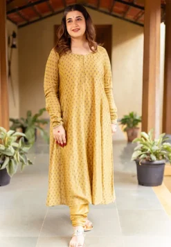Akrita Mustard Ajrakh Chanderi Silk Kali Kurta with Hand Embroidery