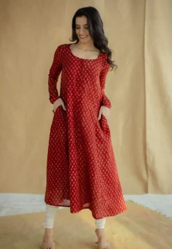 Akrita Red Ajrakh Moss Cotton Kali Kurta