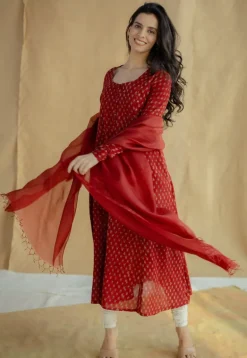 Akrita Red Ajrakh Moss Cotton Kali Kurta
